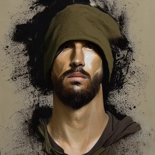 Prompt: a full body lookbook portrait of modern - day jesus wearing olive green yeezy menswear collection by nicola samori, hat and hoodie, detailed, oil painting, hyper realistic, 8 k, yeezy collection