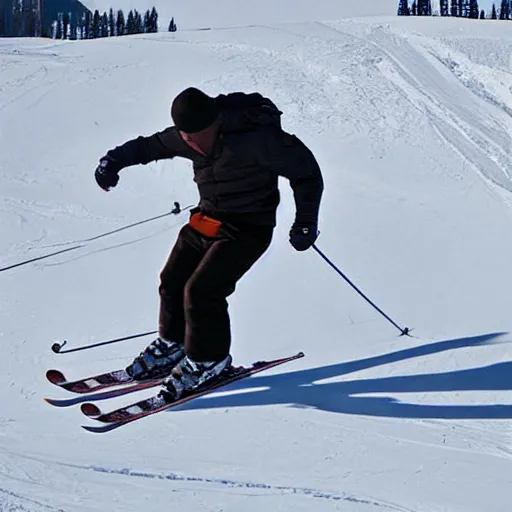 Prompt: Man skiing while getting chased by a bear