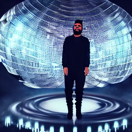 Image similar to the weeknd inside a huge disco ball, wearing black jumpsuit and holding a microphone, hyper detailed, realistic, octane render, sharpness