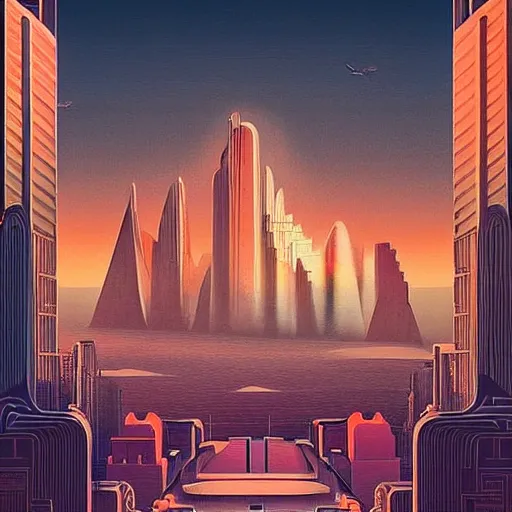 Prompt: an unlikely unrealistic city between two mountains, digital painting masterpiece, scary landscape, gorgeous art deco architecture, stylish, cinematic, film