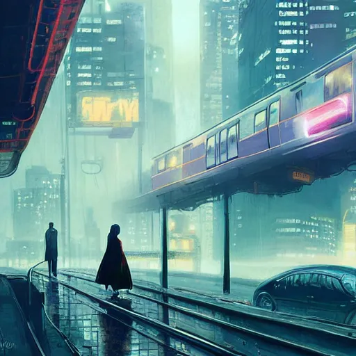 Image similar to chillwave scene of girl and cat, moment, cyberpunk elevated train, electronic billboards, tech noir, wet reflections, atmospheric, ambient, livia prima, greg rutkowski, edward hopper, pj crook