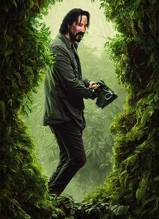 Image similar to highly detailed comedy caper movie poster with keanu reeves hiding in leaves, keanu reeves face inside a leafy bush by greg rutkowski