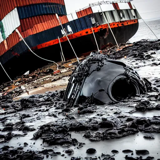 Image similar to crashed cargo ship leaking mysterious black gooey liquid, mysterious black slime, black gooey liquid leaking out of crashed cargo ship, apocalyptic, ruined, container ship, crashed, 8 5 mm f / 1. 4