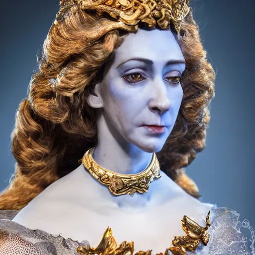 Image similar to photo taken of an epic intricate, ultra detailed, super realistic bust of a majestic gracious regal beautiful aristocratic victorian female vampire stop motion puppet created by weta workshop, menacing, some zoomed in shots, photorealistic, sharp focus, white wall, extremely cold blueish colour temperature, 3 5 mm, f 1. 4, golden ratio