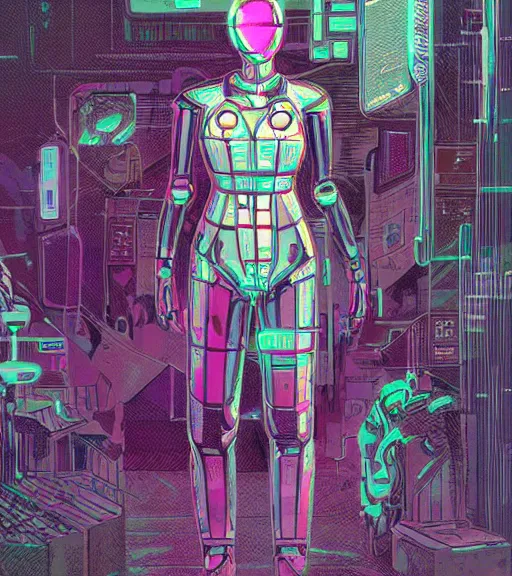 Prompt: robot woman with a hologram for a head, at a cyberpunk market, techwear, dead space, visible face, Industrial Scifi, detailed illustration, character portrait, by Martin Grip and Moebius