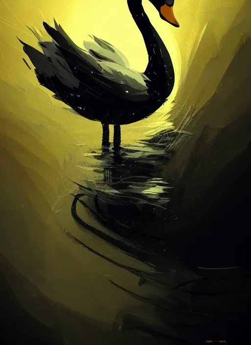 Image similar to portrait of a swan bird, black sky background, chaotic landscape, illustration concept art anime key visual trending pixiv fanbox by wlop and greg rutkowski and makoto shinkai and studio ghibli and kyoto animation, kaki body suit, odst, short body, yellow beak, military gear, grimdark, volumetric lighting