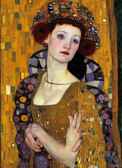 Image similar to portrait of young woman in renaissance dress and renaissance headdress, art by gustav klimt