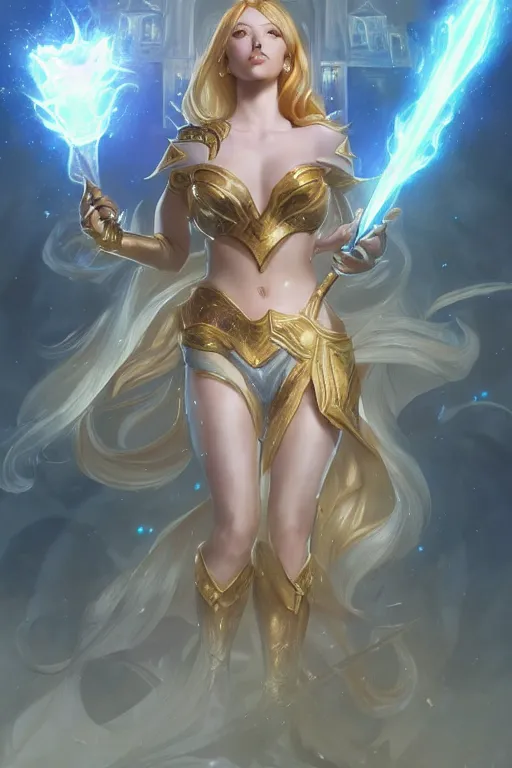 Prompt: portrait of lux from league of legends, wielding light magic, photorealistic fantasy castle city, full body, powerful, fantasy, intricate, elegant, highly detailed, digital painting, artstation, concept art, sharp focus, illustration, art by artgerm and greg rutkowski and alphonse mucha