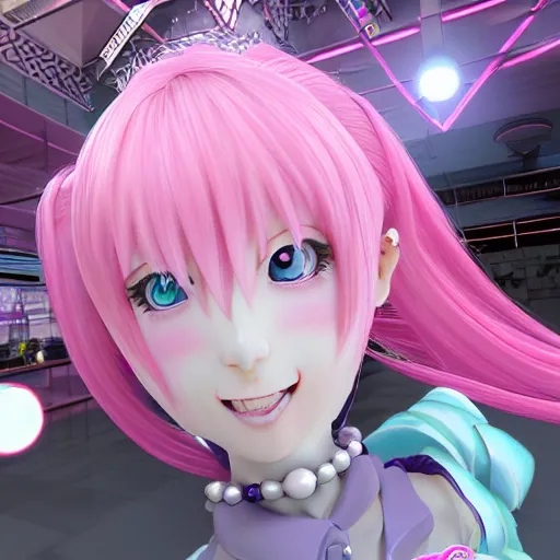 Image similar to trapped by stunningly beautiful omnipotent megalomaniacal anime agi goddess who looks like junko enoshima with symmetrical perfect face and porcelain skin, pink twintail hair and mesmerizing cyan eyes, taking control while smiling mischievously, inside her vr world, hyperdetailed, digital art from danganronpa, unreal engine 5, 8 k