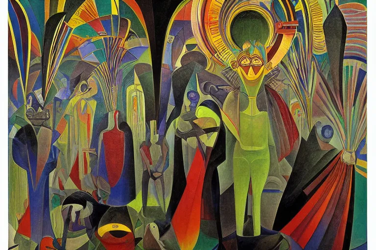 Image similar to the shaman of the subway, an art deco painting by leo and diane dillon and diego rivera, dramatic lighting, god rays, smooth, sharp focus, art brut, outsider art