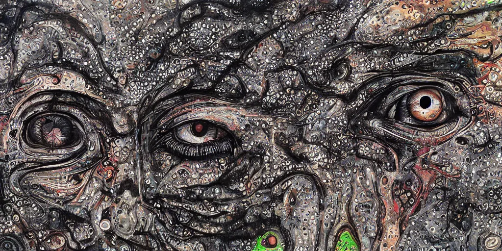 Image similar to camo made of eyes, technical, acrylic, teeth, eerie, tribal, clay, dotting, lines, stipple, points, cybernetic, style of old painting, francis bacon art, swirly eyes, hypnosis, eerie, terror, oil, neon, black and white, splotches, colorful dots, ominous,