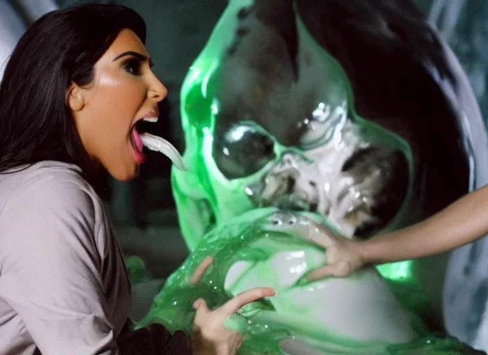 Prompt: film still of kim kardashian ingesting alien slime from the mouth of an xenomorph, transparent goo, transparent slime, saliva, 8 k