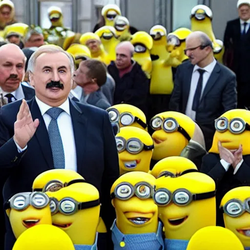 Image similar to Alexander Lukashenko surrounded by yellow Minions