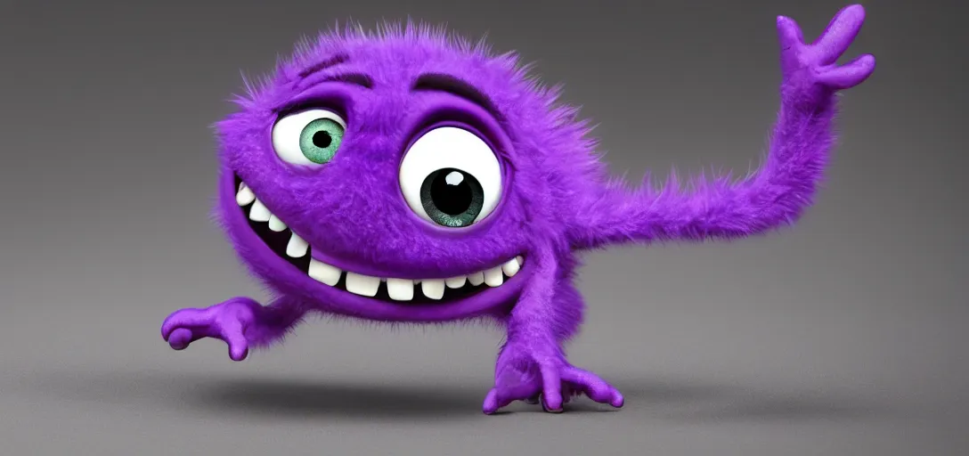 Image similar to a purple monster which is adorable, pixar, 4k, 100mm, full monster in frame
