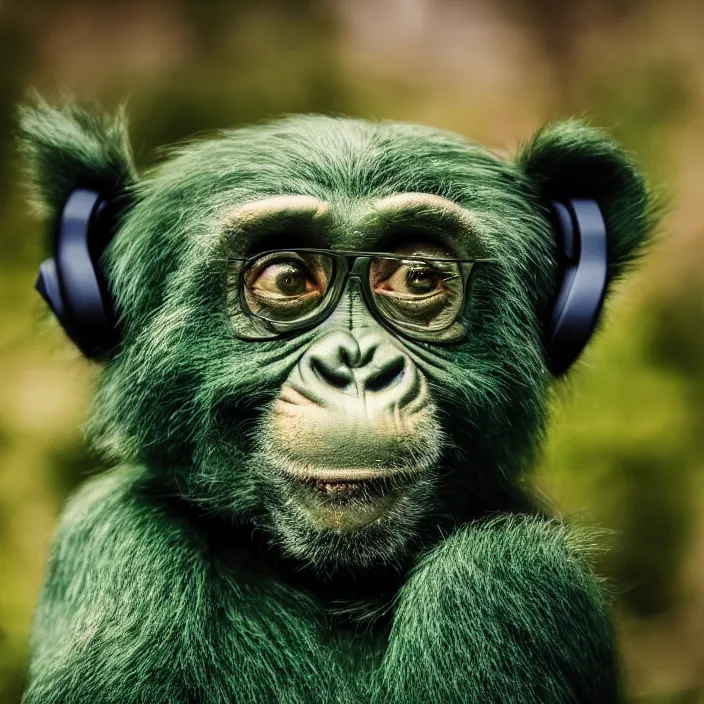 Image similar to a high quality photo of a green chimp wearing headphones, realism, 8k