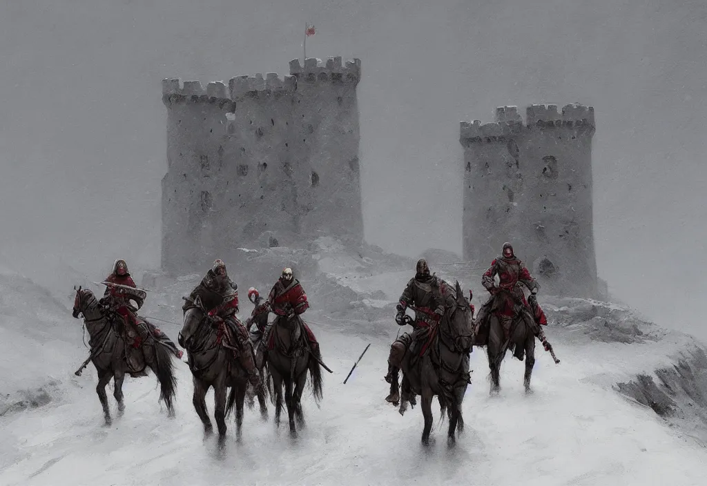 Prompt: medieval knights riding on a deep snowy dirt road towards a castle ruin, artstation, jakub rozalski, high detail