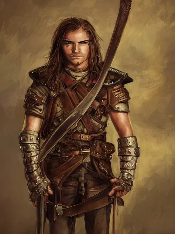 Prompt: thomas serpentwind, solo male weary soldier, young adult, very long brown hair, golden eyes, ruddy rugged red skin, muscular!, leather armor, longbow, clear symmetrical eyes, a male dnd fighter's portrait, clear eyed, realistic, by brian patterson and rhads!!!, palette knife background