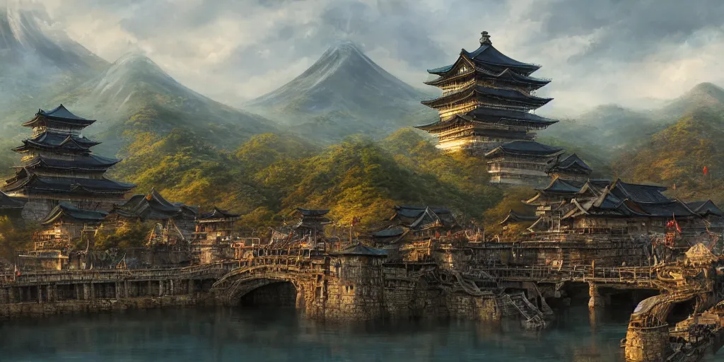 Image similar to giant goddess with swords guarding a japan middle age, giant fortress with cannons guarded by samurais, is built on a strong old wooden bridge, morning, matte painting, concept art, james gurney, greg rutkowski, unreal engine, artstation, john howe