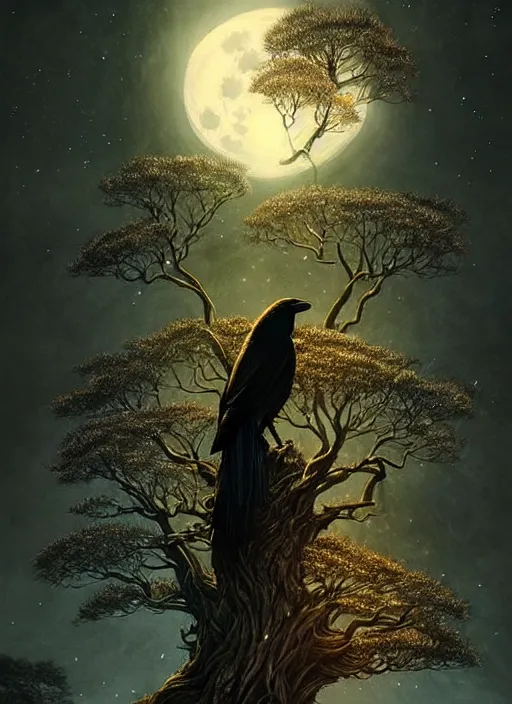 Image similar to side portrait dark crow on tree in front of the full big moon, fine art, awesome fantasy book cover on Pinterest, award winning, fantasy forest landscape, fantasy magic, dark golden light night, intricate, elegant, sharp focus, illustration, highly detailed, digital painting, concept art, matte, art by WLOP and Artgerm and Greg Rutkowski, masterpiece, trending on artstation