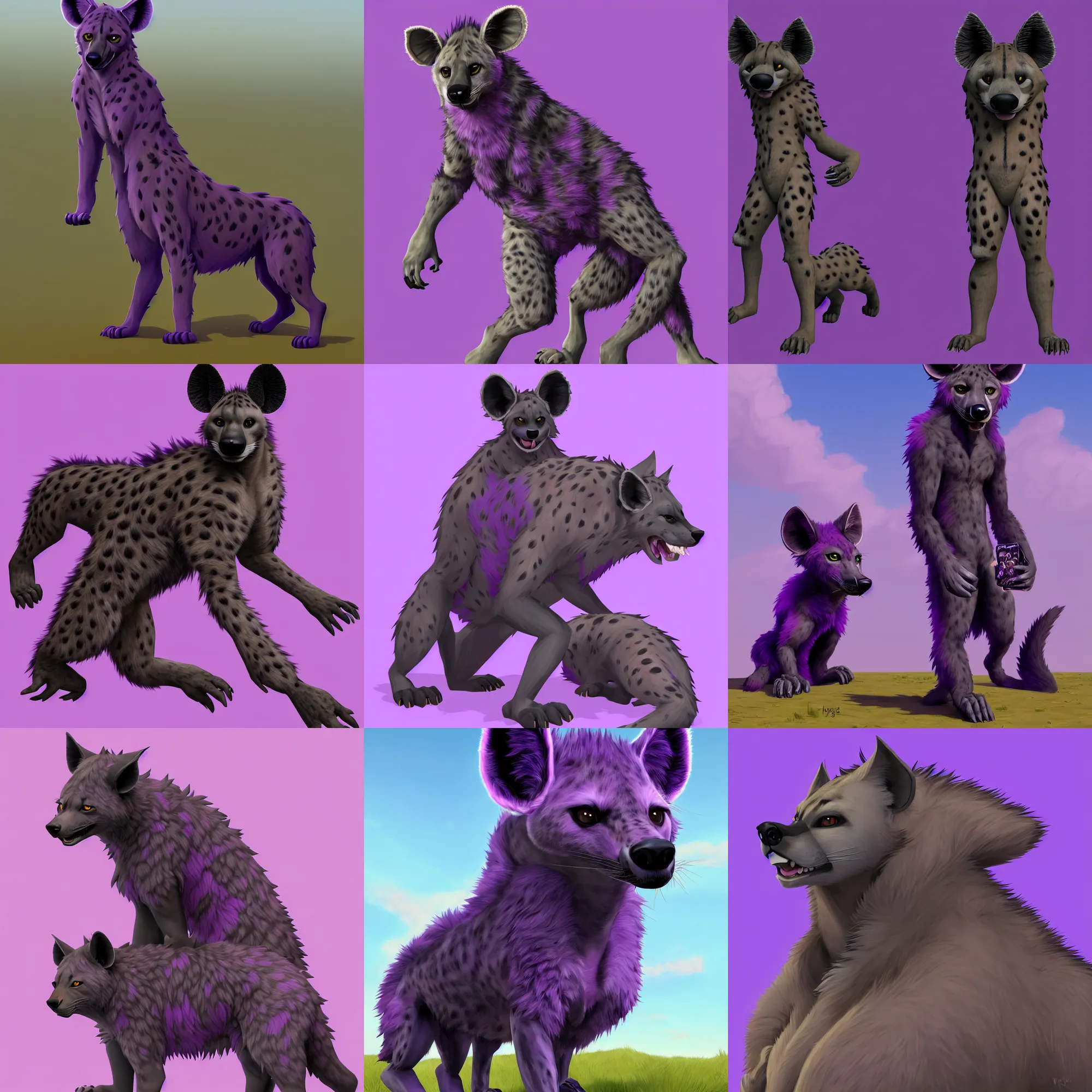 Prompt: a full - body centered front - perspective furry male fursona portrait, a male hyena fursona, purple and black fur color scheme, idyllic setting with natural background, trending on weasyl, painted in zbrush, high - resolution, godrays, photorealistic