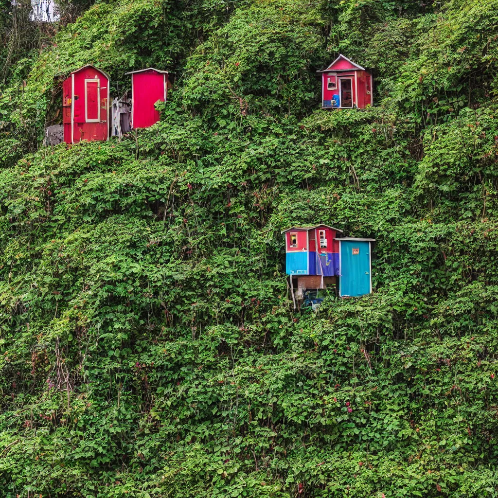 Prompt: a single high tower made up of various colourful makeshift squatter shacks, surrounded by ivy, sony a 7 r 3, f 2 2, fully frontal view, photographed by ansel adams, ultra detailed,