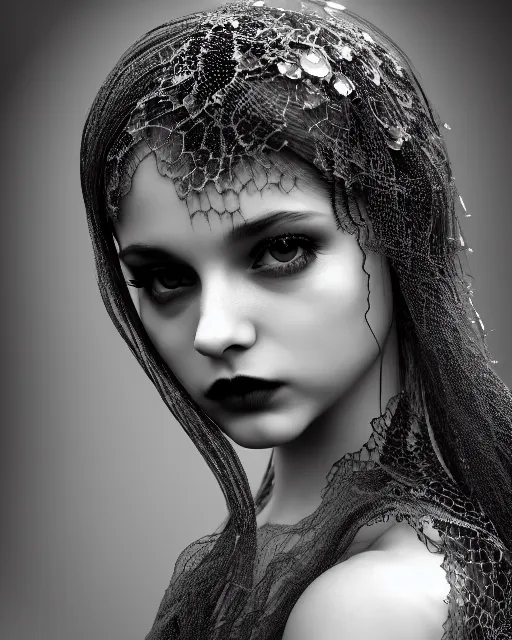 Prompt: surreal mythical dreamy dark artistic black and white fine art photo of a beautiful young female vampire - medus - cyborg covered with lace fish scales and translucent algae, highly detailed, intricate crystal ivy jelly fish scales ornate, lace web, poetic, octane render, 8 k, photo - realistic