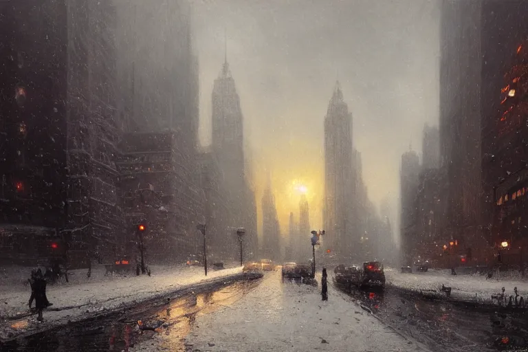 Prompt: New York city enveloped in ice, winter season, moody scene, highly detailed, intricate, sharp details, dystopian mood, 1950 scene by gaston bussiere, craig mullins, somber lighting, drawn by Giacomo Burattini, inspired by graphic novel cover art, hyperrealistic, 8k by RHADS