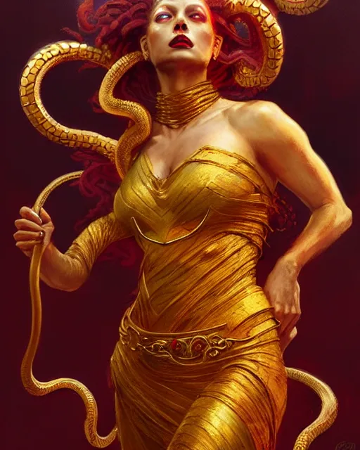 Prompt: fierce medusa in a red and golden dress, fantasy character portrait, ultra realistic, concept art, intricate details, highly detailed by greg rutkowski, gaston bussiere, craig mullins, simon bisley