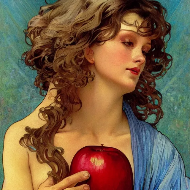 Image similar to an aesthetic! detailed close - up portrait of an aesthetic woman crying mournfully while holding an apple, by frank frazetta and alphonse mucha, oil on canvas, bright colors, art nouveau, epic composition, dungeons and dragons fantasy art, hd, god - rays, ray - tracing, crisp contour - lines, huhd - 8 k