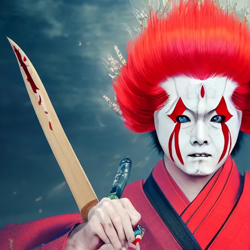 Image similar to an epic portrait of insane kabuki wielding a spear while striking a pose, magical aura of insanity driving beasts insane, intricate hakama, red wig, high energy, dramatic lighting, trending on artstation,