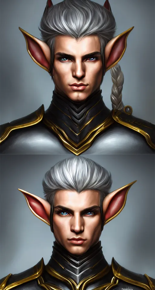 Image similar to A medium shot portrait of a male elf, he is about 20 years old, attractive, lean but muscular, serious composure, short silver hair, prideful look, he is wearing black heavy armor with gold plating and a red cape, highly detailed portrait, digital painting, ArtStation, concept art, smooth, sharp focus illustration, ArtStation HQ