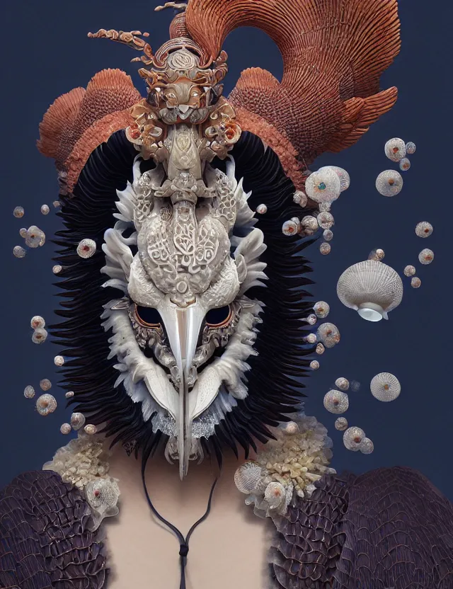 Prompt: 3 d goddess in robe close - up profile portrait with ram skull. beautiful intricately detailed japanese crow kitsune mask and clasical japanese kimono. betta fish, jellyfish phoenix, bio luminescent, plasma, ice, water, wind, creature, artwork by tooth wu and wlop and beeple and greg rutkowski