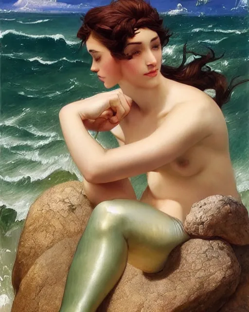 Image similar to a mermaid siting on a rock, climbing her hair with her fingers, oil on canvas, artstation, by j. c. leyendecker and edmund blair leighton and charlie bowater, beautiful face, octane, very aesthetic!!!!!!!!!!!!!!!