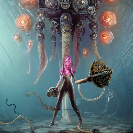 Prompt: fantasy female Squid is a drummer with 8 tentacles playing a big rock&roll drum set in the spotlight dystopian underwater concert, by Philipp A. Urlich and Pengzhen Zhang an Andreas Rocha, fantasy, intricate, elegant, highly detailed, digital painting, artstation, blender, unreal engine 5, octane render, smooth, sharp focus, illustration