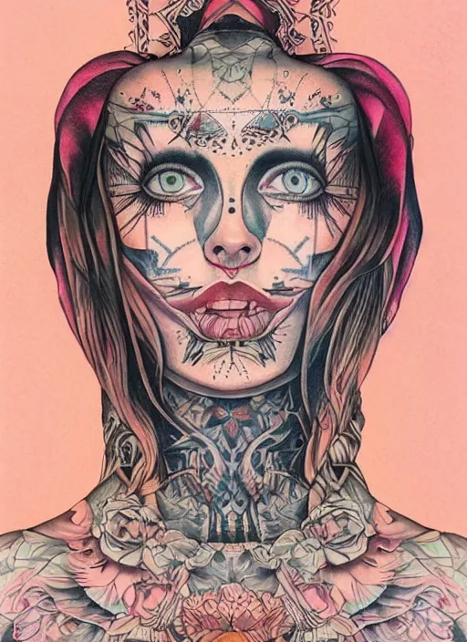 Image similar to beautiful enlightened woman instagram influencer with tattoos, tattooed skin, oil painting, robe, symmetrical face, dark ritual myth, by martine johanna masterpiece