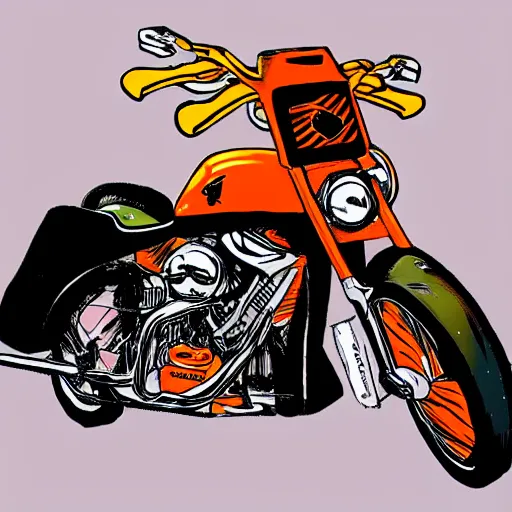 Image similar to a cartoon donkey, riding a harley - davidson motorcycle, orange and black, in the style of ed roth