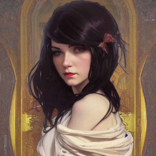 Image similar to oil painting of evil grumpy dark haired women, cameraflash portrait by ilya kuvshinov, artgerm, alphonse mucha, and greg rutkowski, wearing black coat, black makeup, ice mage, shooting ice, fantasy artwork, fantastic artwork, 4 k, trending on artstation