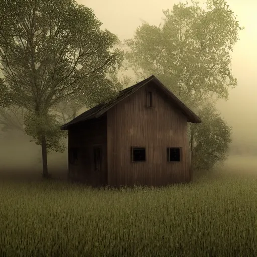 Image similar to darkness render fog highly detailed village house day forest