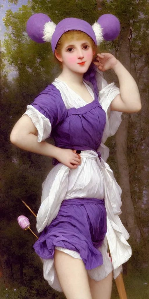 Image similar to A full body image of a cute magical girl with short blond hair wearing an oversized purple Beret, Baggy Purple overall shorts, Short Puffy pants made of silk, pointy jester shoes, a big billowy scarf, Golden Ribbon, and white leggings Covered in stars. Short Hair. Sunlit. Haute Couture. Art by william-adolphe bouguereau and Paul Delaroche and Alexandre Cabanel and Lawrence Alma-Tadema and Johannes Helgeson and WLOP. Smooth. Elegant. Highly Detailed. Intricate. Surrounded by clouds. 4K. UHD. Denoise.