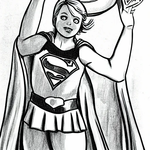 Prompt: child's drawing of supergirl lifting a trophy.