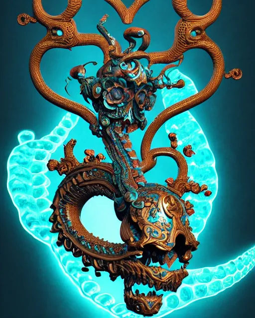 Prompt: 3 d ornate carved water heart, sigma 5 0 0 mm f / 5. beautiful intricate highly detailed quetzalcoatl skull. bioluminescent, plasma, lava, ice, water, wind, creature, thunderstorm! artwork by tooth wu and wlop and beeple and greg rutkowski, 8 k trending on artstation
