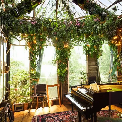 Image similar to a musical-themed bedroom in a victorian greenhouse treehouse. Pianos and instruments are in the bedroom. The bedroom is built in a giant oak tree, ornate, beautiful, atmosphere, vibe, flowers, concept art illustration, Greg rutowski, volumetric lighting, detailed