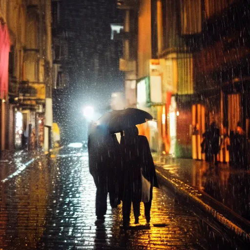 Image similar to a vivid emotional picture of two shadowy figures under one umbrella at night in an ally, it is raining heavily, street lanterns are shining, they are reflected on the rainy street, 35mm, motion blur