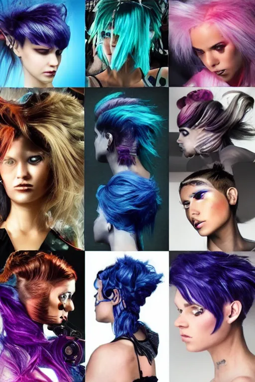 Image similar to futuristic cyberpunk hair styles magazine page