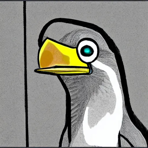 Image similar to extremely detailed cartoon bird looking directly into camera