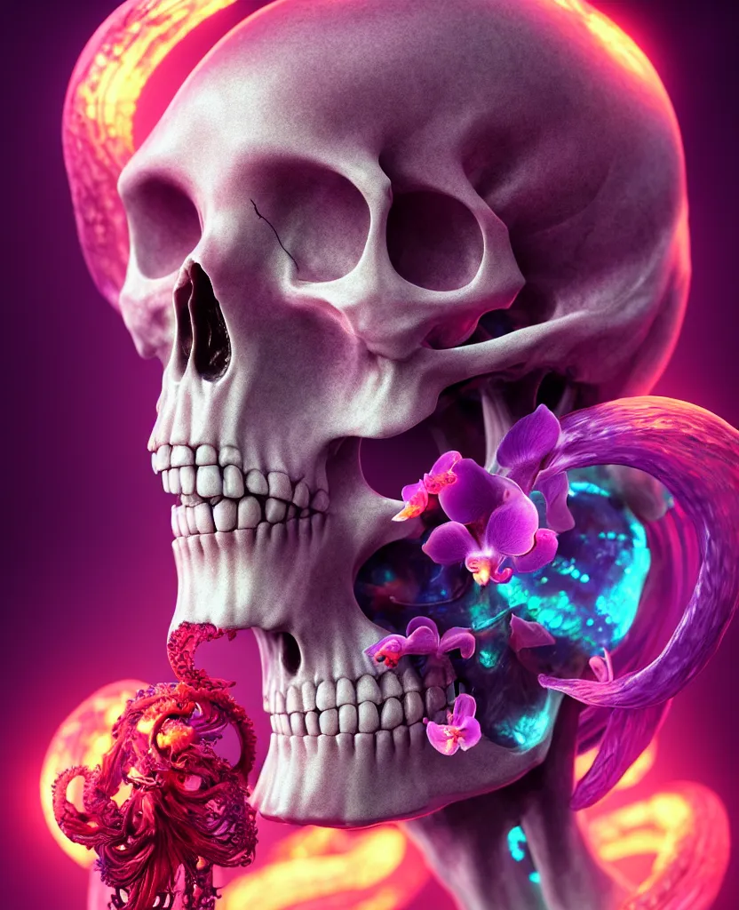 Image similar to goddess close - up portrait human skull, ram skull, squid phoenix jellyfish, orchid, betta fish, bioluminiscent, intricate artwork by tooth wu and wlop and beeple. octane render, trending on artstation, greg rutkowski very coherent symmetrical artwork. cinematic, hyper realism, high detail, octane render, 8 k