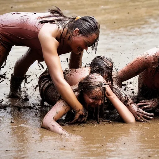 Image similar to 3 women fall over mud - wrestling