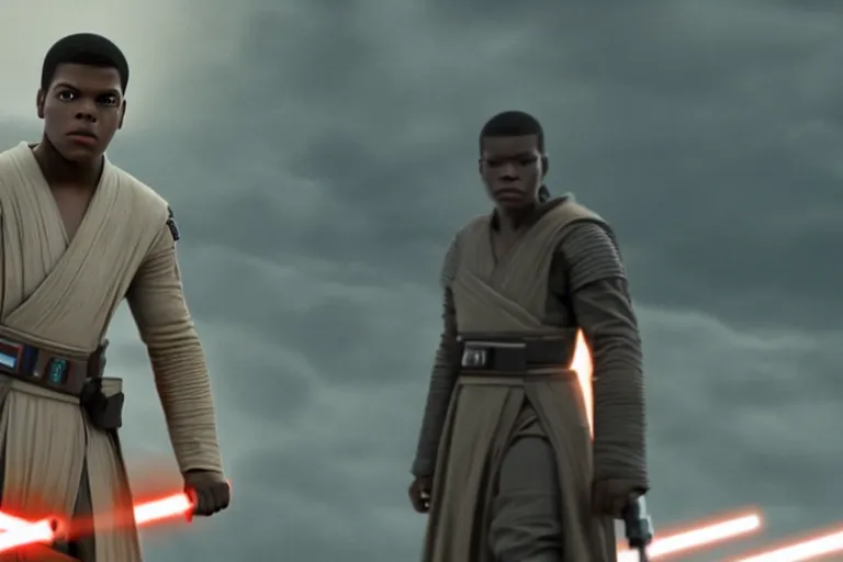 Prompt: Star Wars, Finn played by John Boyega wears jedi robes and wields lightsaber standing alone, full body shot, ultra realistic, 4K, movie still, UHD, sharp, detailed, cinematic, render