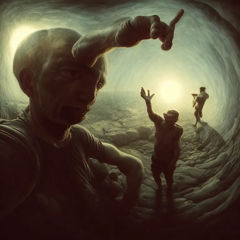 Image similar to selfie gopro footage, fisheye, man escaping hell, portrait painting, perfect composition, beautiful detailed intricate octane render, artstation, 8 k, photorealistic, volumetric cinematic light, chiaroscuro, masterpiece, raphael, bosch, caravaggio, beksinski, giger