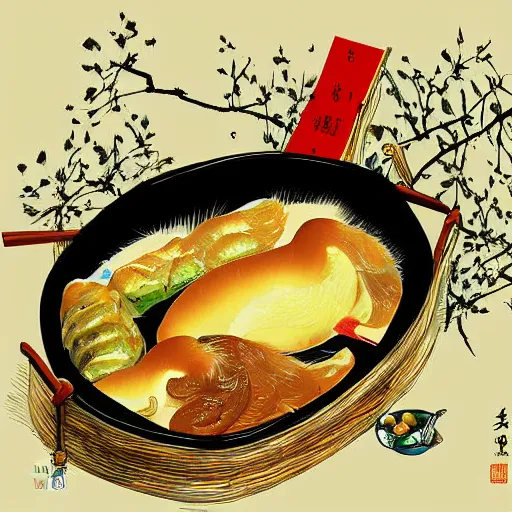 Image similar to beijing roast duck, digital art, style of traditional chinese painting